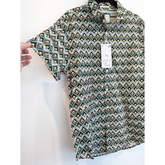 Denim & Flower Mens Button Down Shirt Size S Green Geometric Short Sleeve Casual - Picture 3 of 12